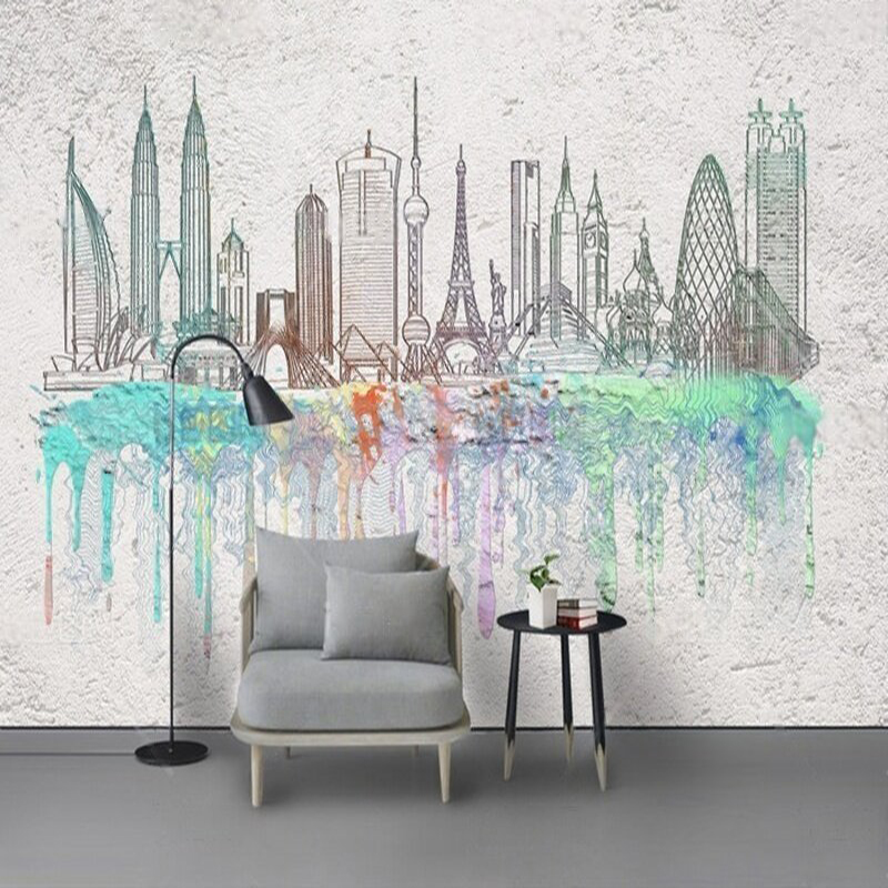 Commercial Wallpaper Printing - صور ظلية للمدينة بألوان مائية حديثة